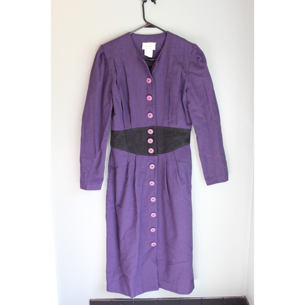 Vintage 80s Success Dress Purple Black Button Pencil Dress 9/10